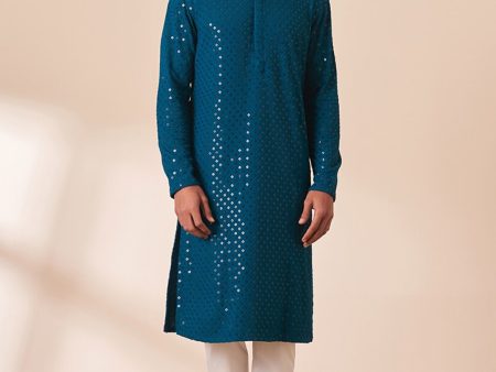 Manyavar Men Geometric Embroidered Mandarin Collar Sequined Kurta with Pyjamas For Discount