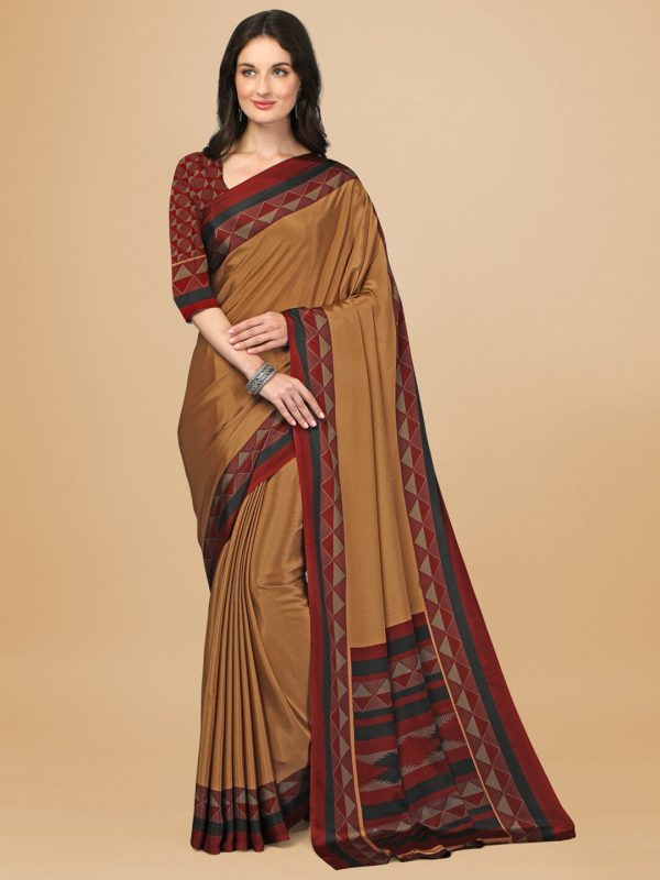 Sangria Beige & Red Pure Crepe Saree For Discount