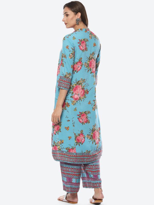 Biba Band Collar Floral Printed A-line Kurta With Palazzos Sale