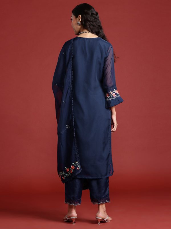 Women Navy Blue Embroidered Straight Kurta Trousers With Dupatta Set - Taantav Online now