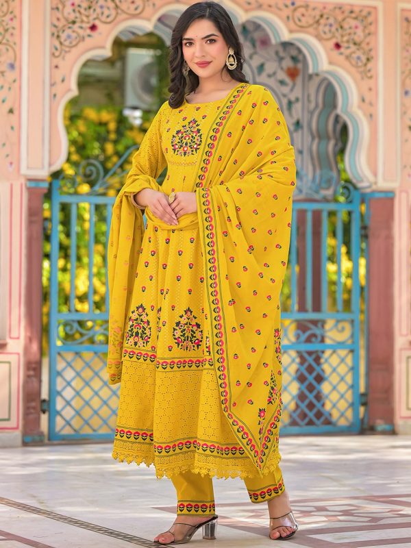 Sangria Yellow Floral Printed & Mirror Work Cotton Anarkali Kurta With Trouser & Dupatta Sale