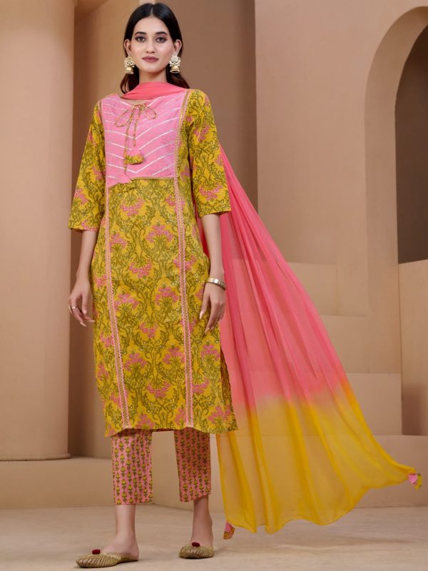 Sangria Yellow & Peach Floral Printed Pure Cotton Straight Kurta With Trousers & Dupatta Online now