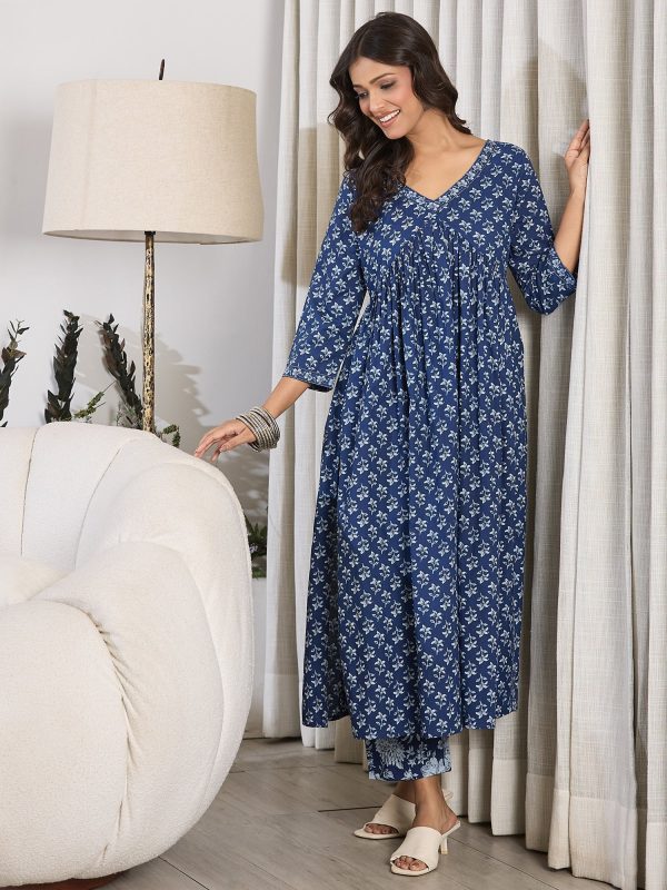 Women Blue Printed A-Line Kurta Trousers Set - Taantav Online Sale