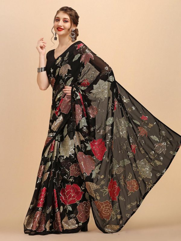 Sangria Black & Red Floral Sequinned Pure Georgette Saree Sale