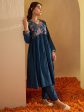 Women Teal Embroidered A-Line Kurta Trousers Set - Taantav For Cheap