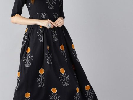 Ahika Black & Orange Floral Printed Keyhole Neck Pleated Kurta Supply