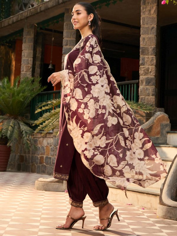 Women Burgundy Embroidered Straight Kurta Salwar With Dupatta Set - Taantav Online Hot Sale