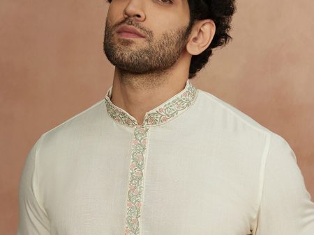 Manyavar Men Cream-Coloured Floral Embroidered Kurta with Pyjamas For Discount