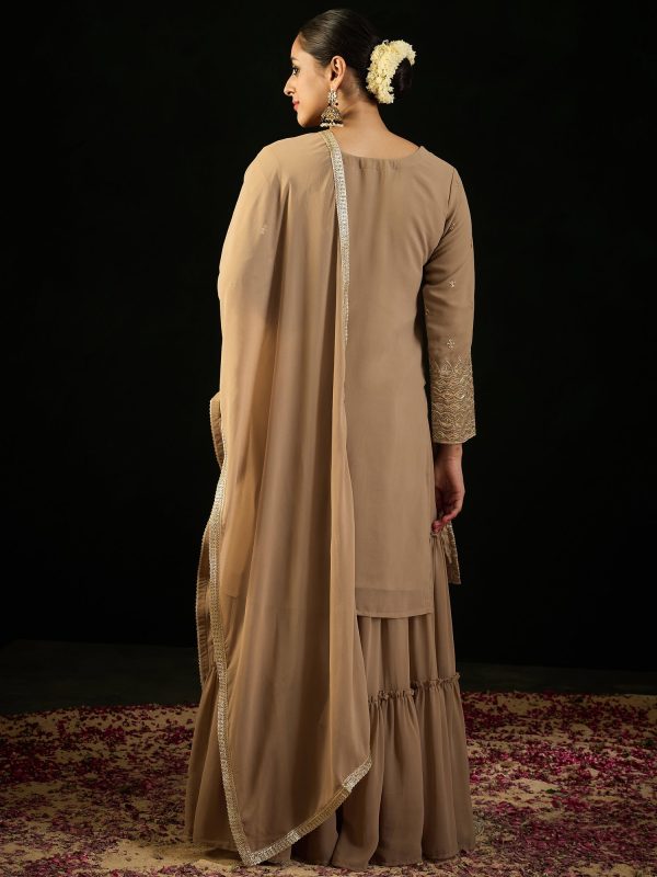 Women Beige Embroidered Straight Kurta Sharara With Dupatta Set - Taantav Online Sale