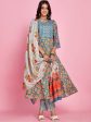 Sangria Blue Floral Printed Thread Work A-Line Kurta & Trouser With Dupatta Online