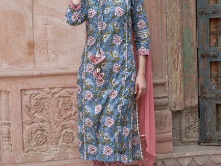 Sangria Blue Floral Printed Gotta Patti Pure Cotton Kurta with Trousers & Dupatta Sale