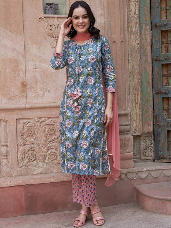 Sangria Blue Floral Printed Gotta Patti Pure Cotton Kurta with Trousers & Dupatta Sale