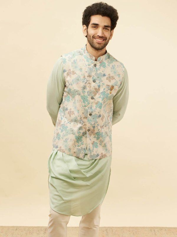 Manyavar Floral Printed Regular Kurta and Trousers With Nehru Jacket on Sale