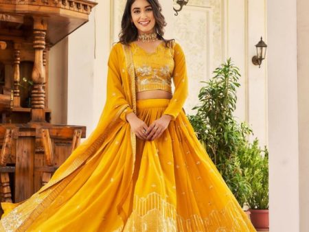 Aastha Fashion Mustard Heavy Fox Georgette Embroidery Sequence Work Lehenga Choli Hot on Sale