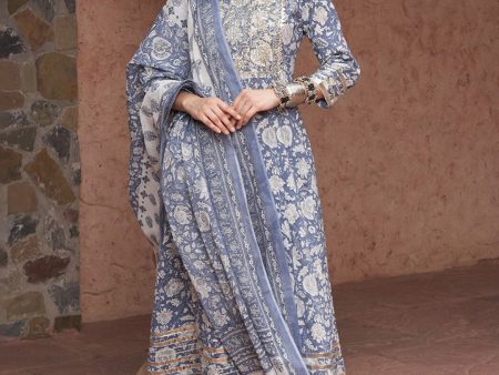 Sangria Blue Printed Thread Work Pure Cotton Empire A-Line Kurta with Trousers & Dupatta Online