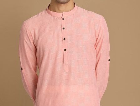 Manyavar Men Peach-Coloured Mandarin Collar Self Design Kurta Discount