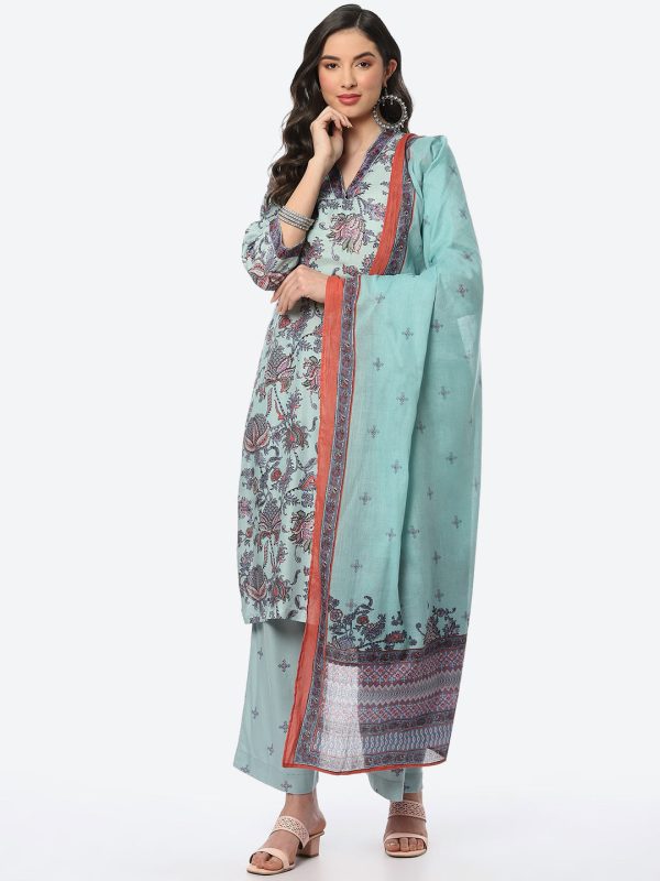 Biba Blue Ethnic Motifs Printed Kurta with Trousers & Dupatta Sale