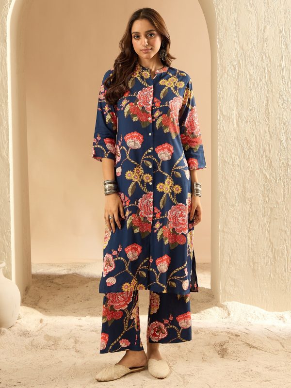 Women Blue Printed Straight Kurta Palazzos Set - Taantav For Discount