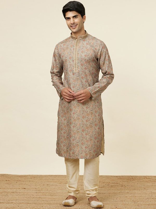 Manyavar Ethnic Motifs Printed Regular Pure Silk Kurta with Churidar Hot on Sale