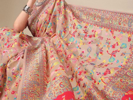 Sangria Beige & Orange Floral Woven Design Pure Silk Saree Online