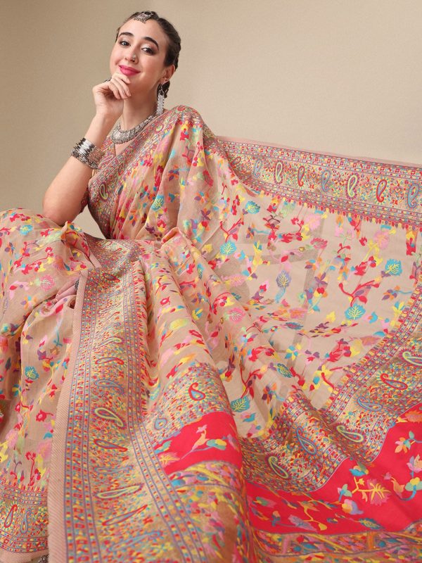 Sangria Beige & Orange Floral Woven Design Pure Silk Saree Online