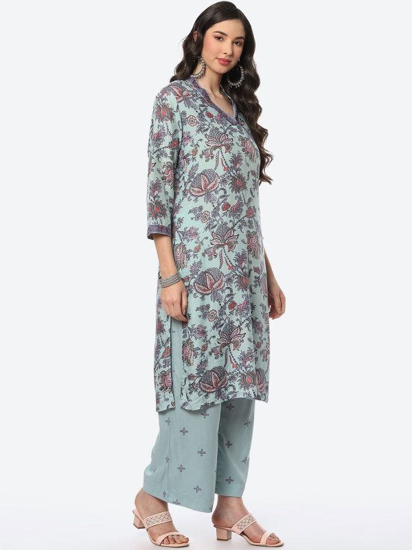 Biba Blue Ethnic Motifs Printed Kurta with Trousers & Dupatta Sale