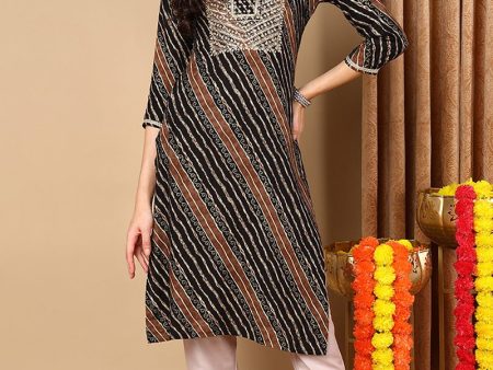 Ahika Black Viscose Rayon Leheriya Printed Straight Kurta Hot on Sale