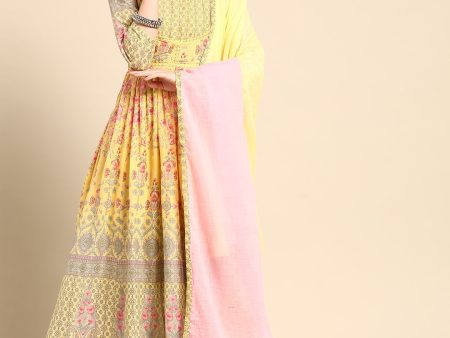 Sangria Women Yellow & Pink Floral Printed Anarkali Kurta For Discount