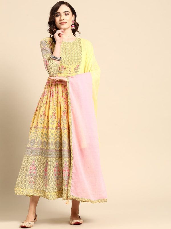 Sangria Women Yellow & Pink Floral Printed Anarkali Kurta For Discount