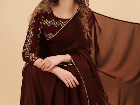 Sangria Coffee Brown & Golden Embroidered Satin Saree Sale