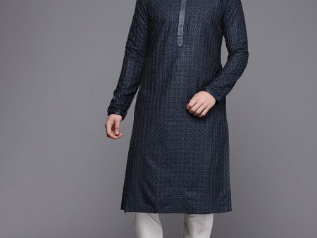 Manyavar Men Blue Embroidered Kurta with Pyjamas on Sale