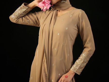 Women Beige Embroidered Straight Kurta Sharara With Dupatta Set - Taantav Online Sale