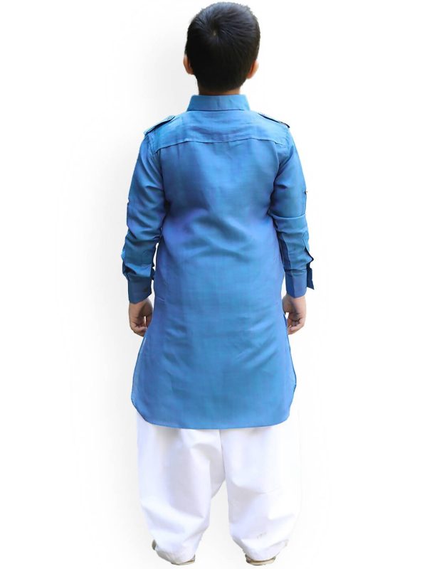 Manyavar Boys Blue Solid Cotton Blend Kurta Set on Sale