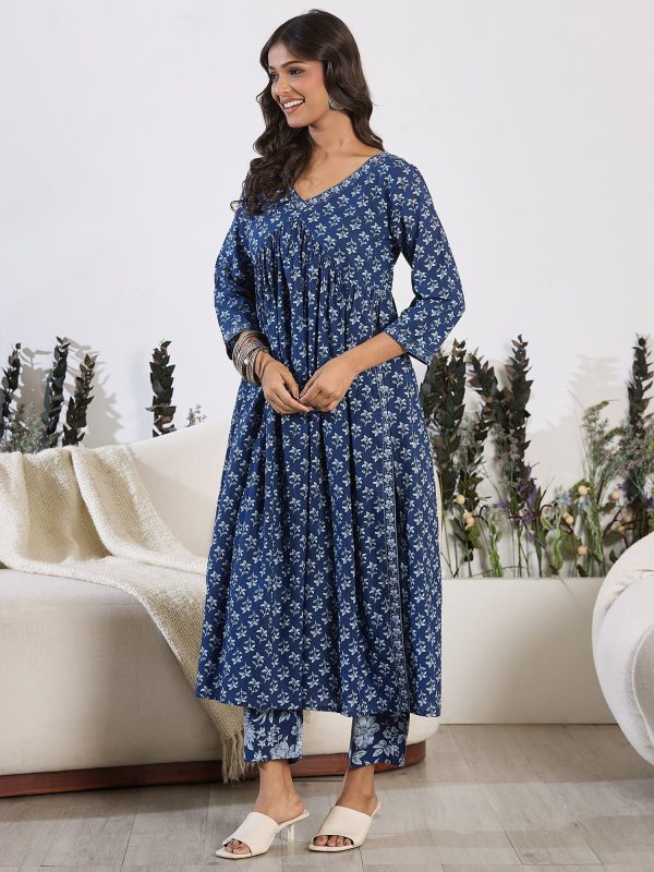 Women Blue Printed A-Line Kurta Trousers Set - Taantav Online Sale