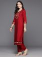 Women Red Embroidered A-Line Kurta Trousers With Dupatta Set - Taantav Online now