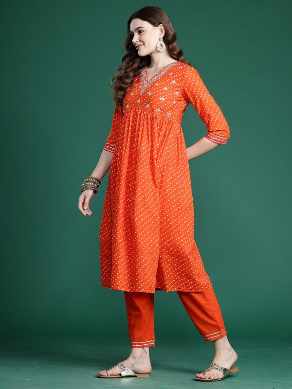 Women Orange Embroidered A-Line Kurta Trousers Set - Taantav on Sale