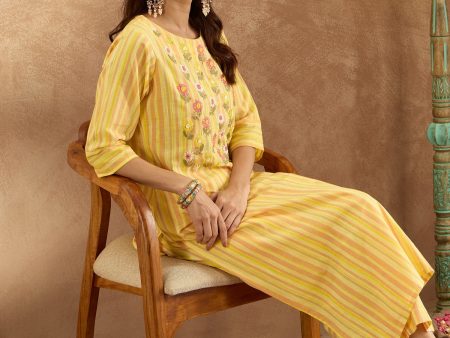 Women Mustard Embroidered Straight Kurta Trousers Set - Taantav Fashion