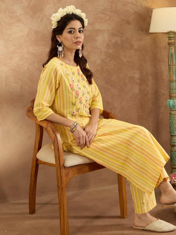 Women Mustard Embroidered Straight Kurta Trousers Set - Taantav Fashion