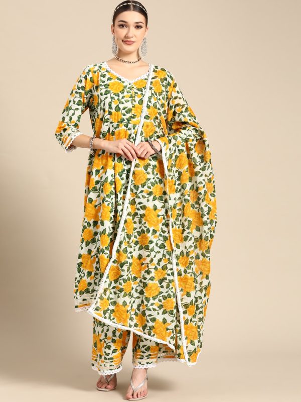 Sangria Women Yellow Floral Printed Lace Inserts Pure Cotton Kurta with Sharara & Dupatta For Discount