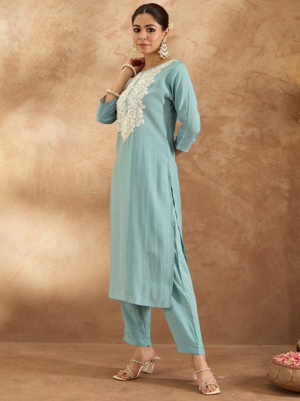 Women Blue Embroidered Straight Kurta Trousers Set - Taantav Discount