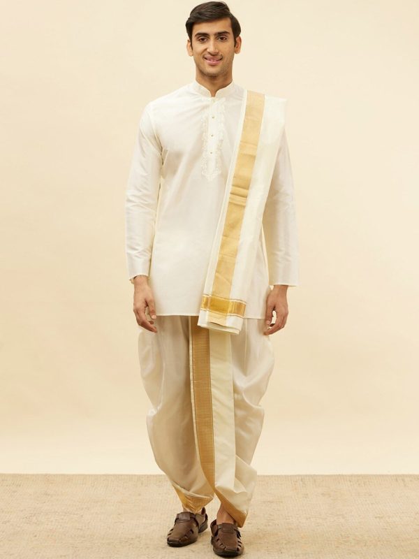 Manyavar Mandarin Collar Regular Pure Silk Kurta With Dhoti Pants & Dupatta Cheap