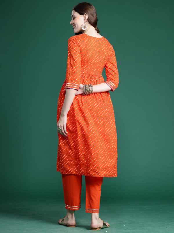 Women Orange Embroidered A-Line Kurta Trousers Set - Taantav on Sale