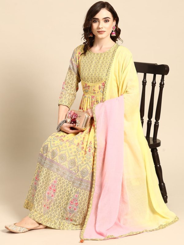 Sangria Women Yellow & Pink Floral Printed Anarkali Kurta For Discount