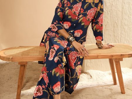 Women Blue Printed Straight Kurta Palazzos Set - Taantav For Discount