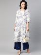 Biba Women Off-White & Blue Printed A-Line Kurta For Sale