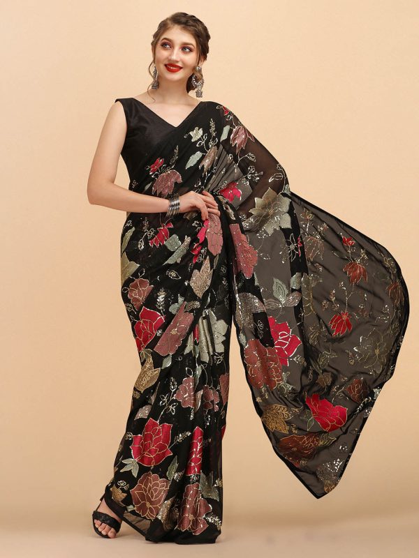 Sangria Black & Red Floral Sequinned Pure Georgette Saree Sale