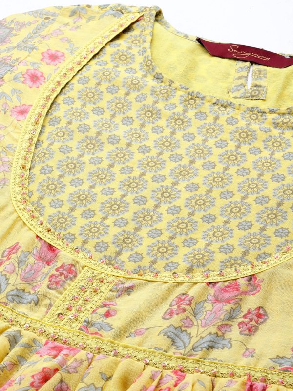 Sangria Women Yellow & Pink Floral Printed Anarkali Kurta For Discount