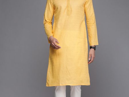 Manyavar Men Yellow & White Solid Pure Cotton Kurta with Pyjamas For Cheap