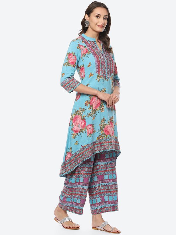 Biba Band Collar Floral Printed A-line Kurta With Palazzos Sale