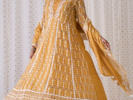 Women Yellow Embroidered A-Line Kurta Trousers With Dupatta Set - Taantav Online